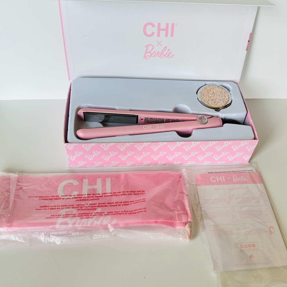 Chi X Barbie Boxed collectors flat iron, mirror and bag set.
